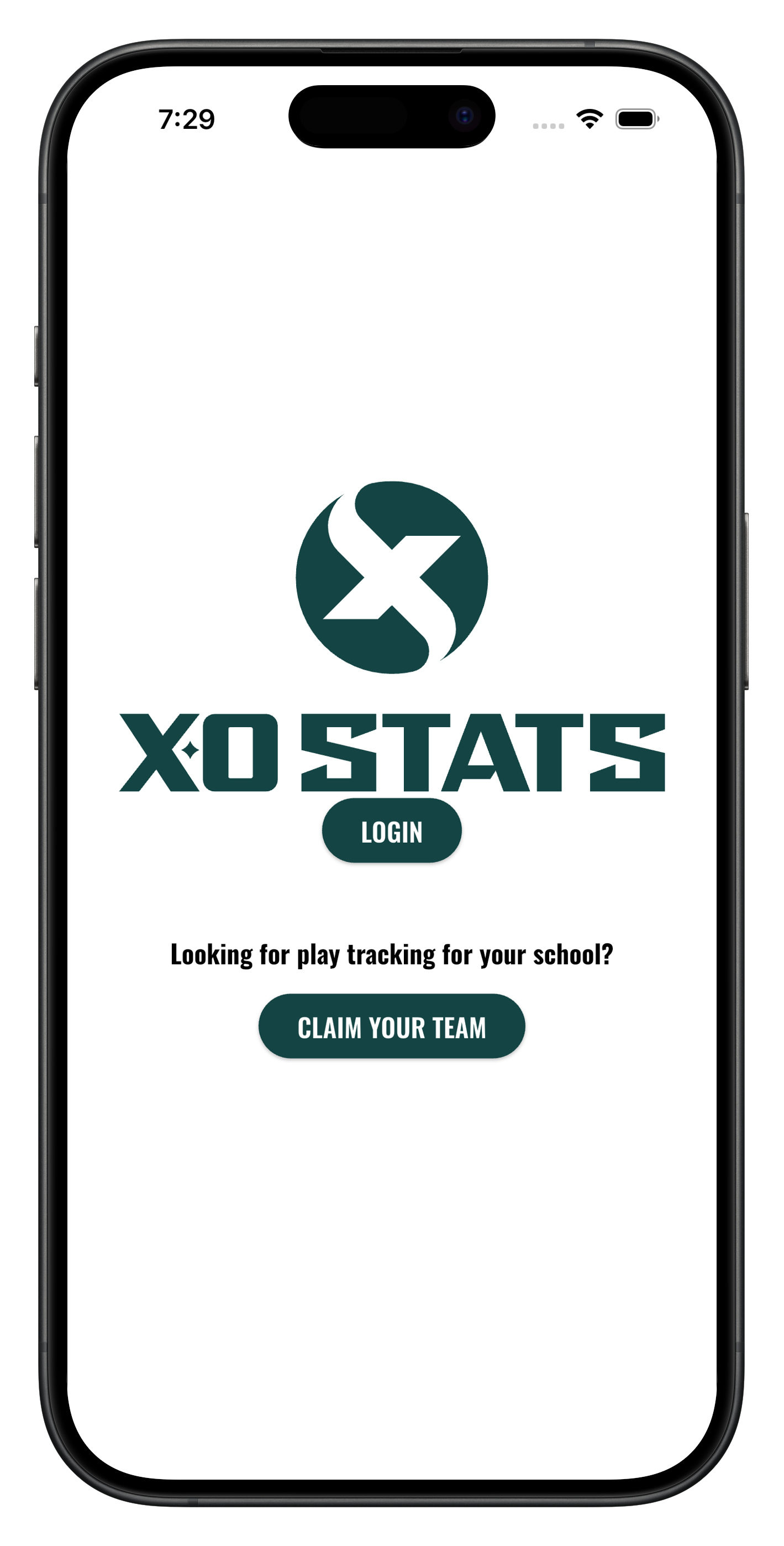 XO Stats login screen with Claim Your Team link