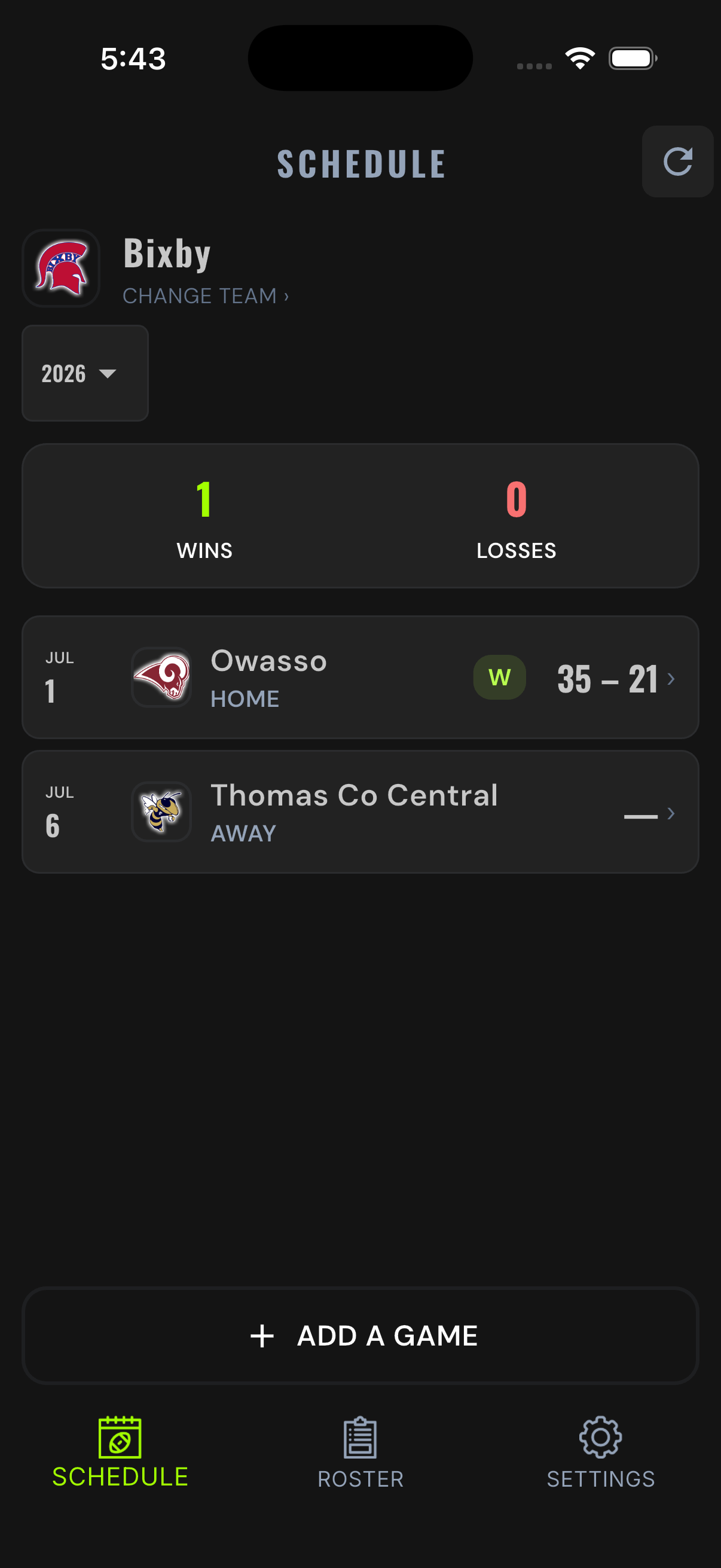 Schedule tab with upcoming games and record