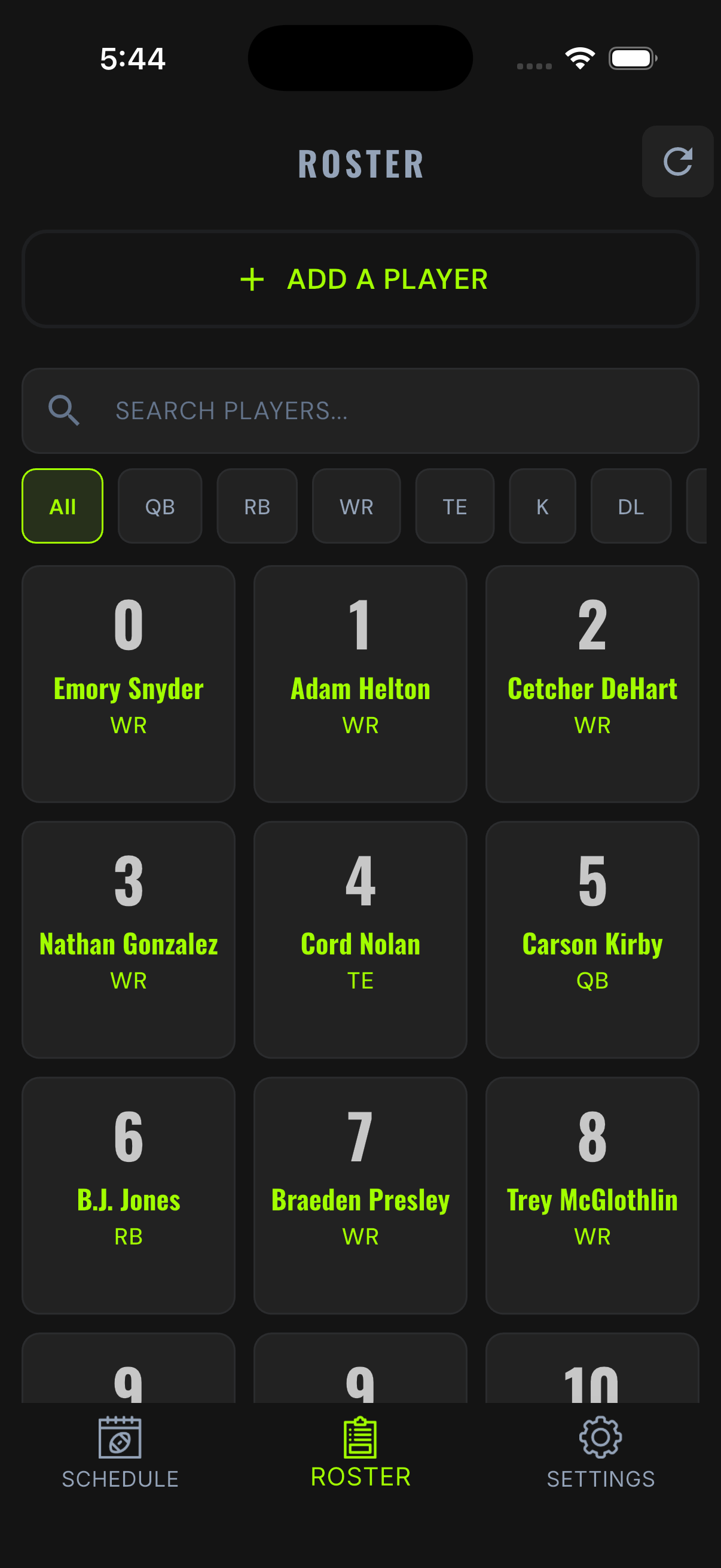 Roster tab showing player grid with jersey numbers and positions