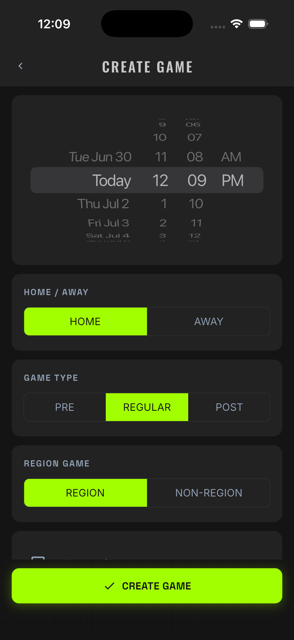 Create game screen with date, opponent, type, home/away