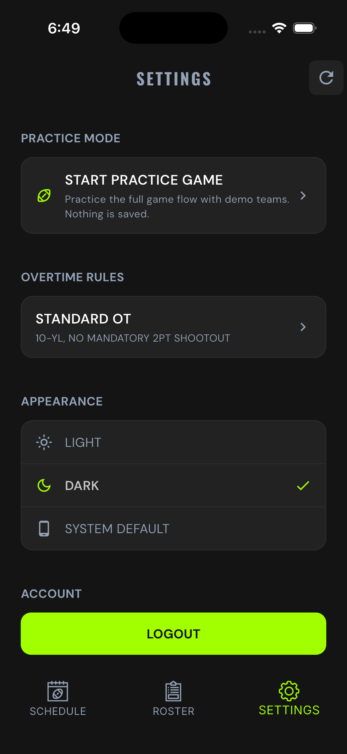 Settings tab with Start Practice Game