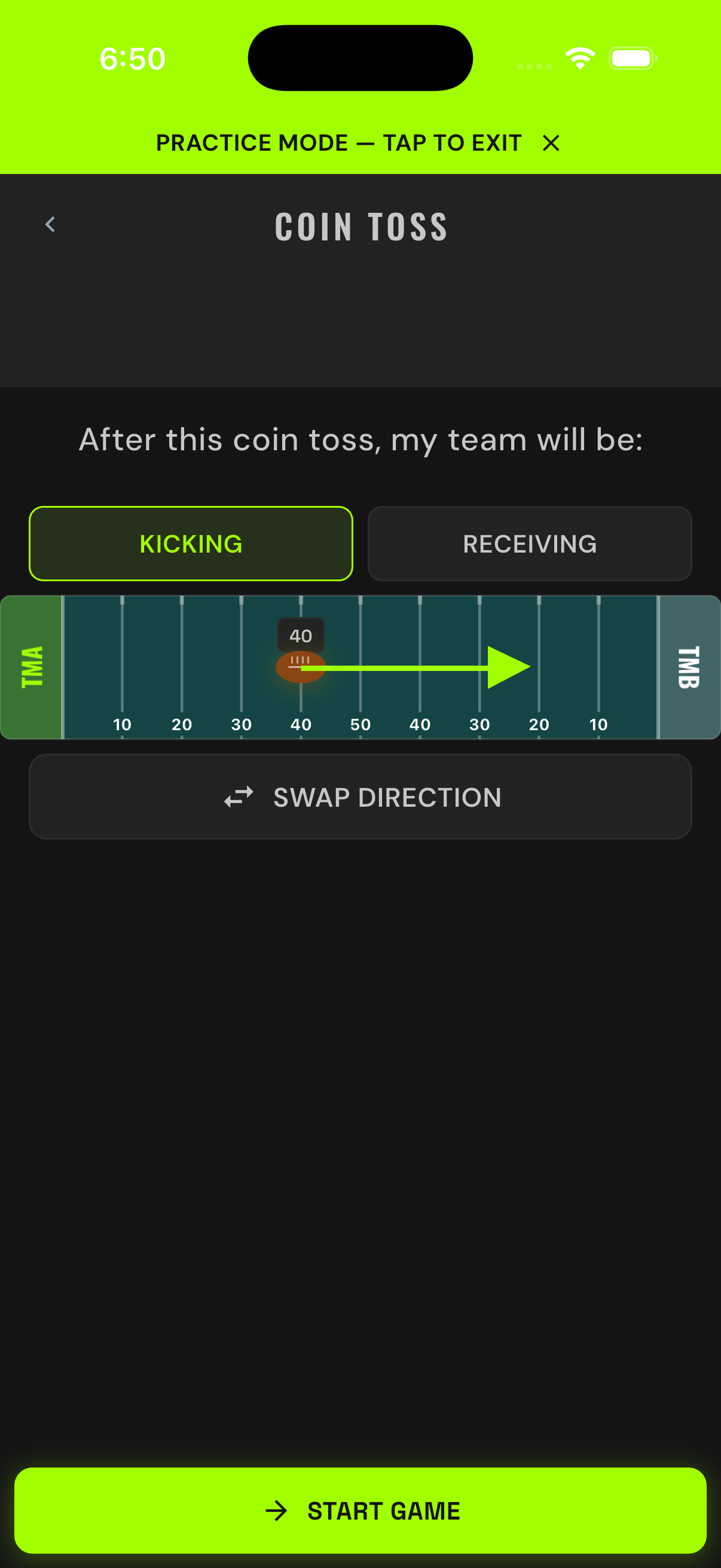 Practice mode coin toss with TEAM A and TEAM B