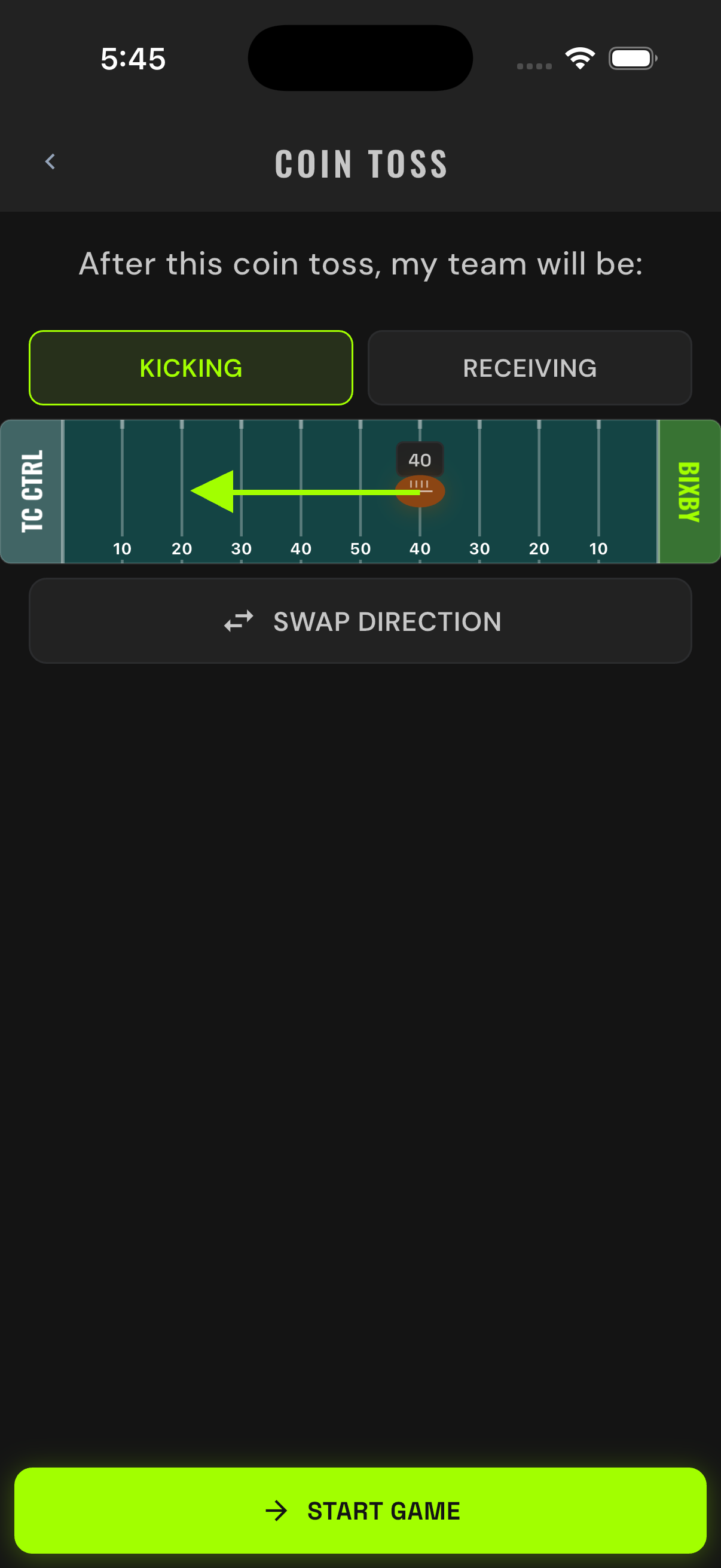 Coin toss screen with receive/kick choice and field direction arrow