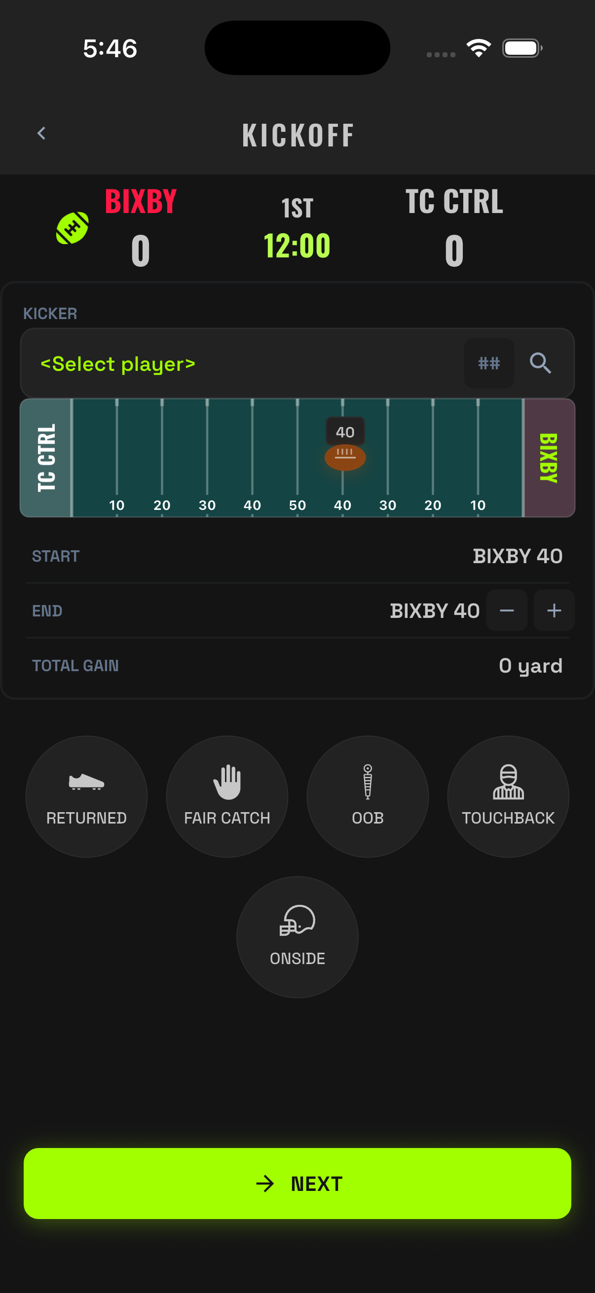 Kickoff entry with kicker, landing spot, and outcome controls