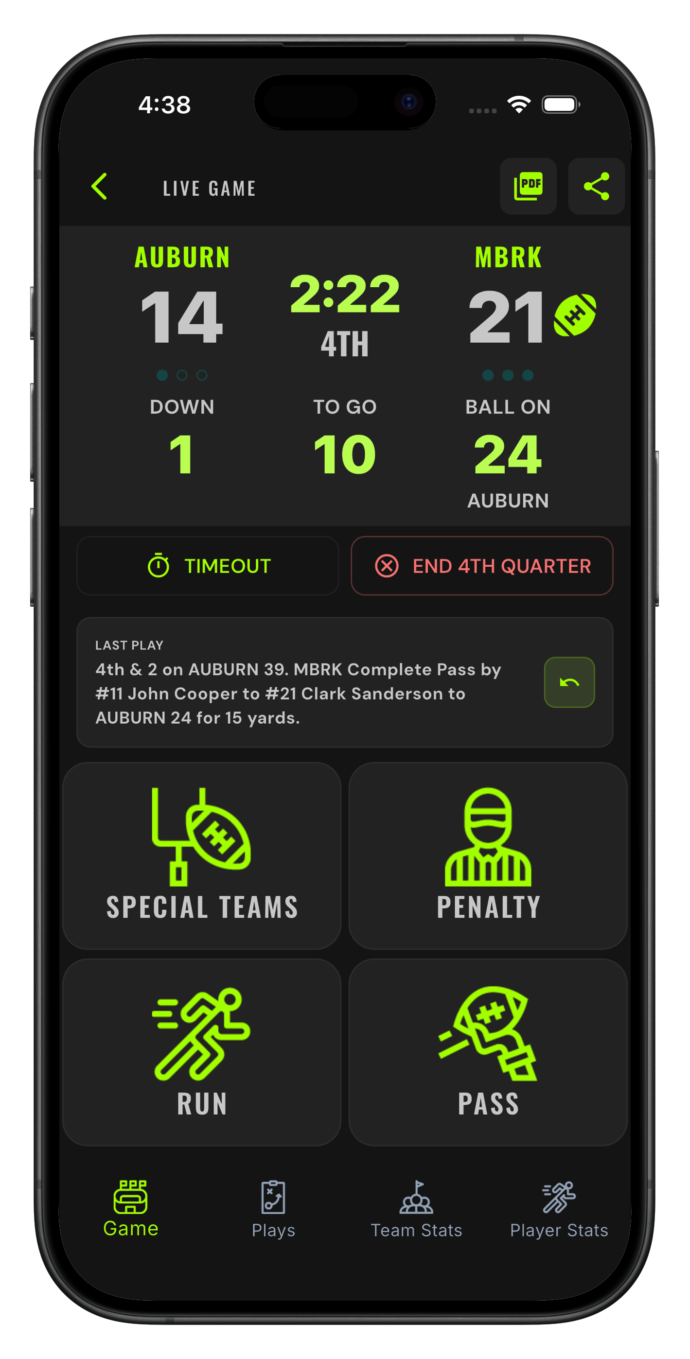 Game board with the four buttons: Special Teams, Penalty, Run, Pass