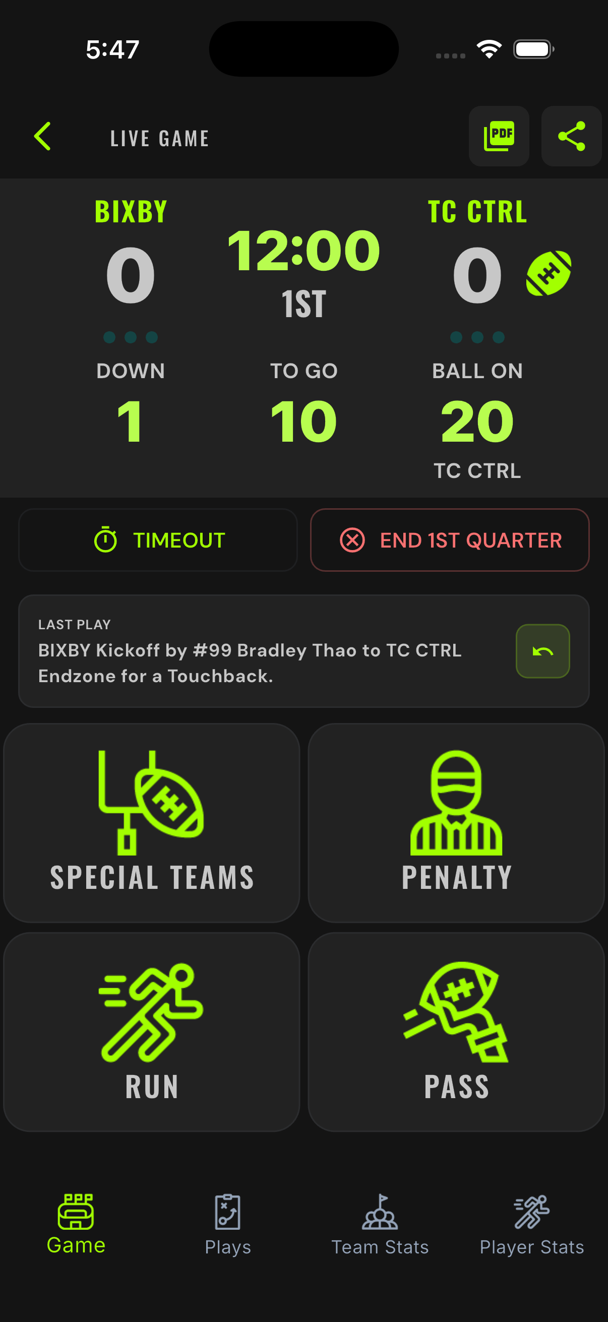 Live game board after kickoff
