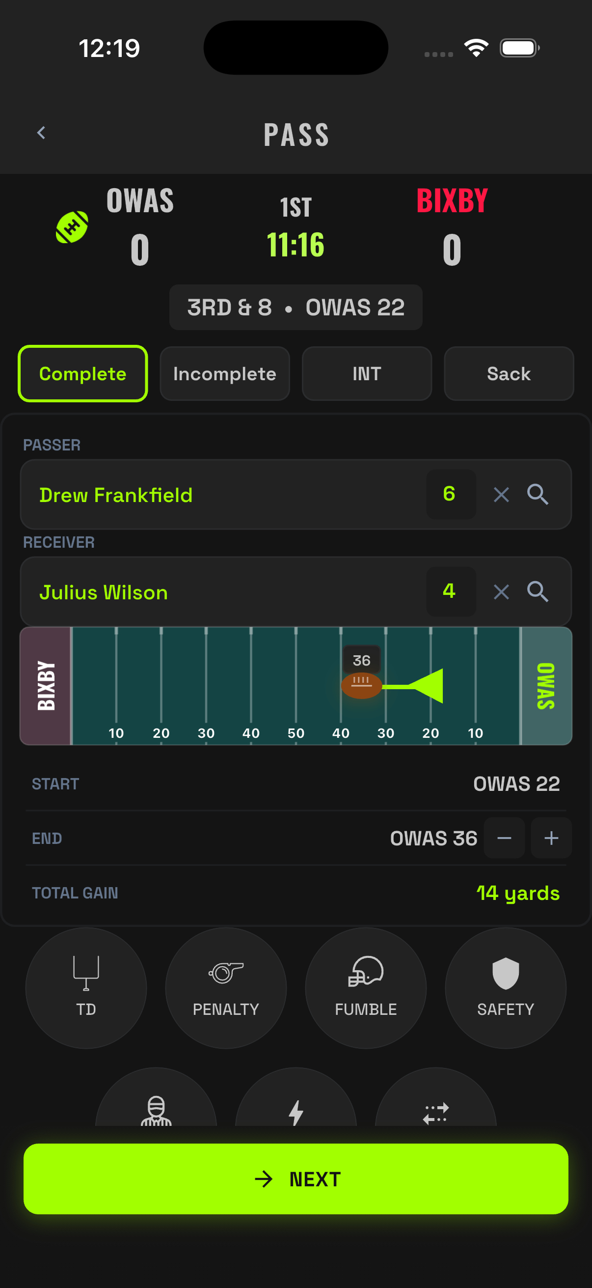 Plays tab showing the saved completion