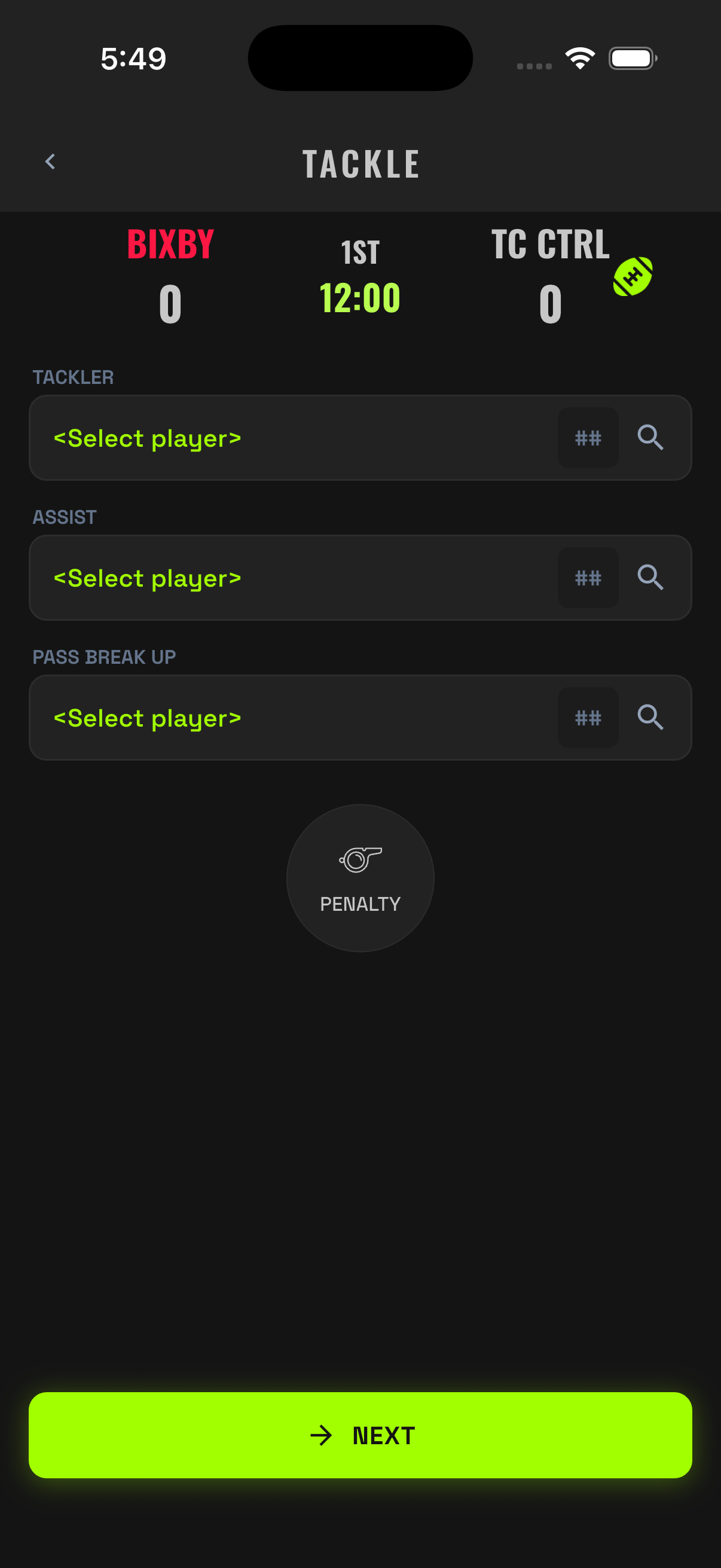 Tackle attribution screen
