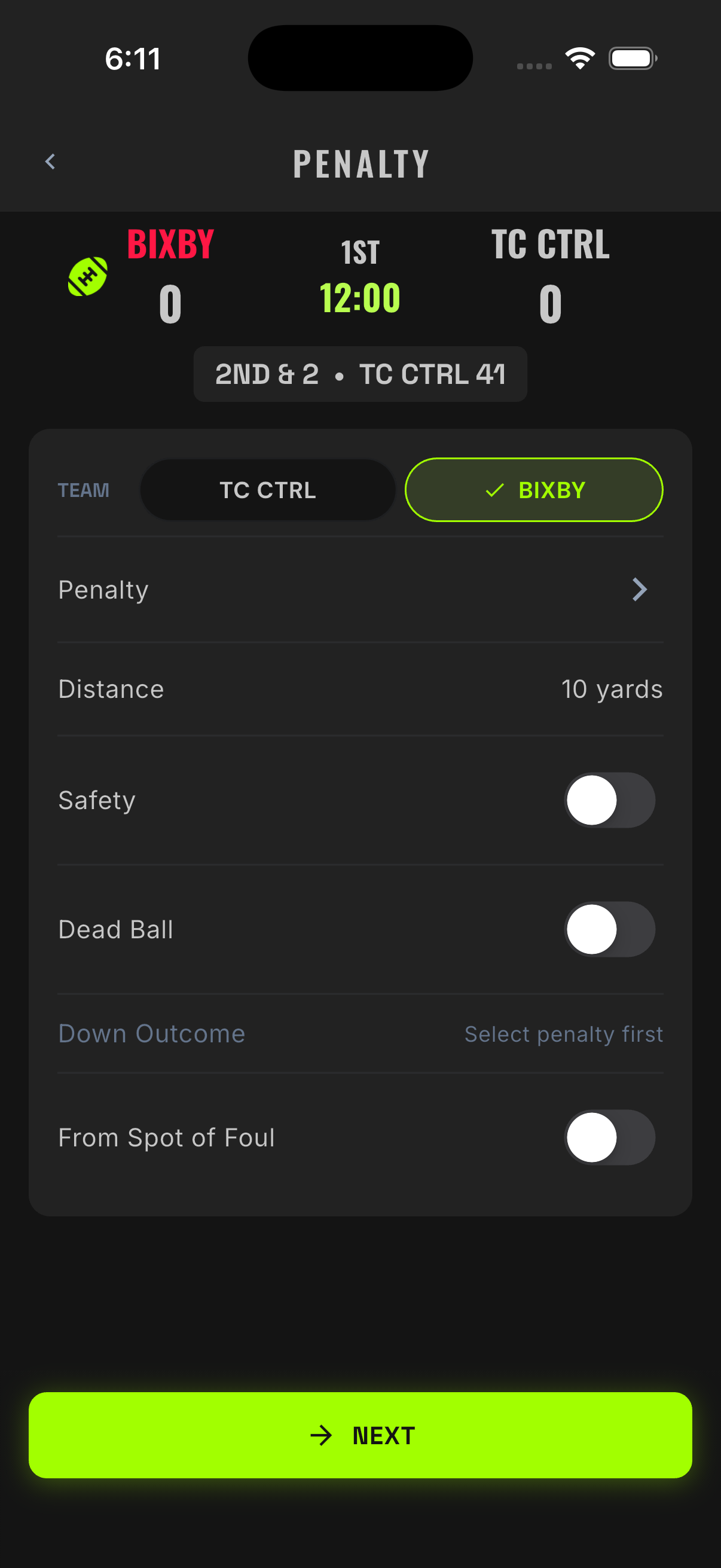 Penalty entry screen