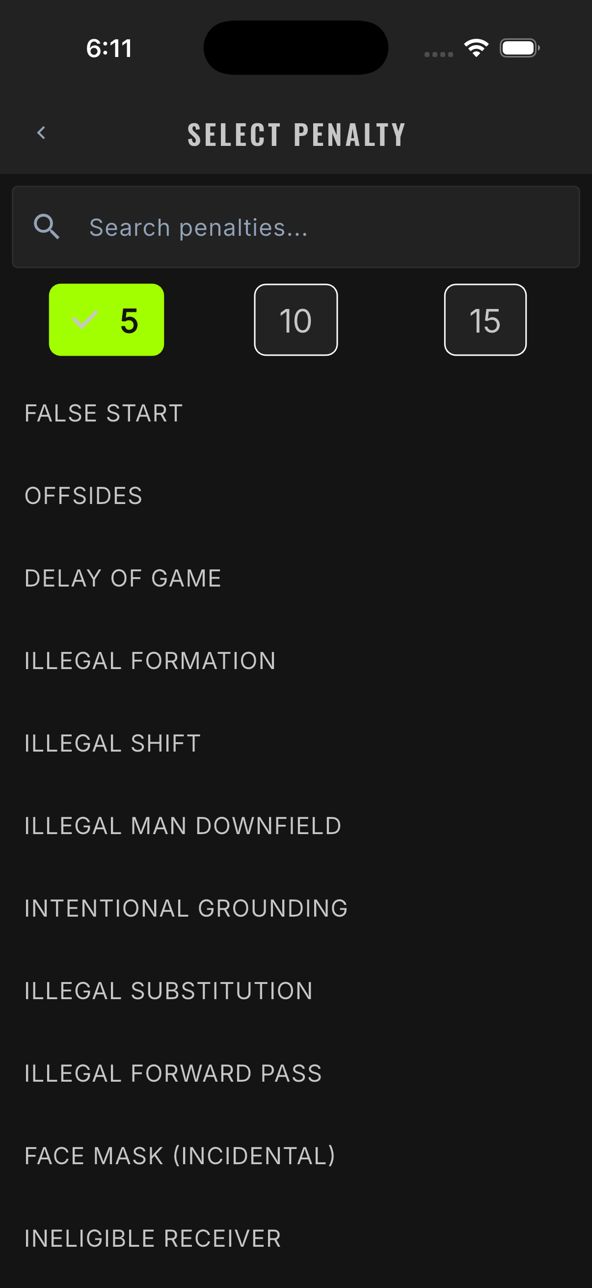 Penalty picker with searchable penalty list
