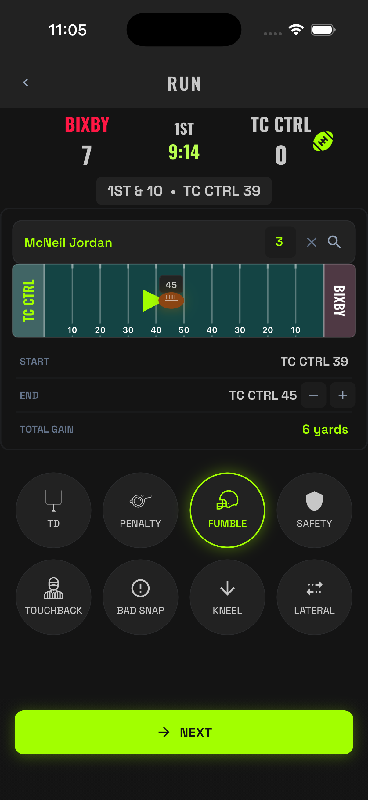 Run entry with the Fumble bubble tagged
