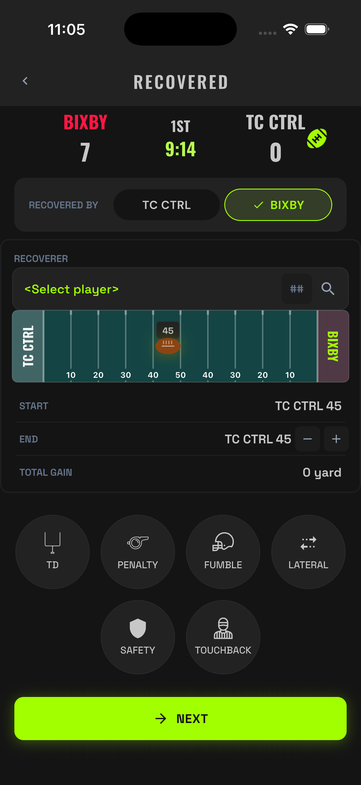 Recovered screen with recovering team, recoverer, and spot