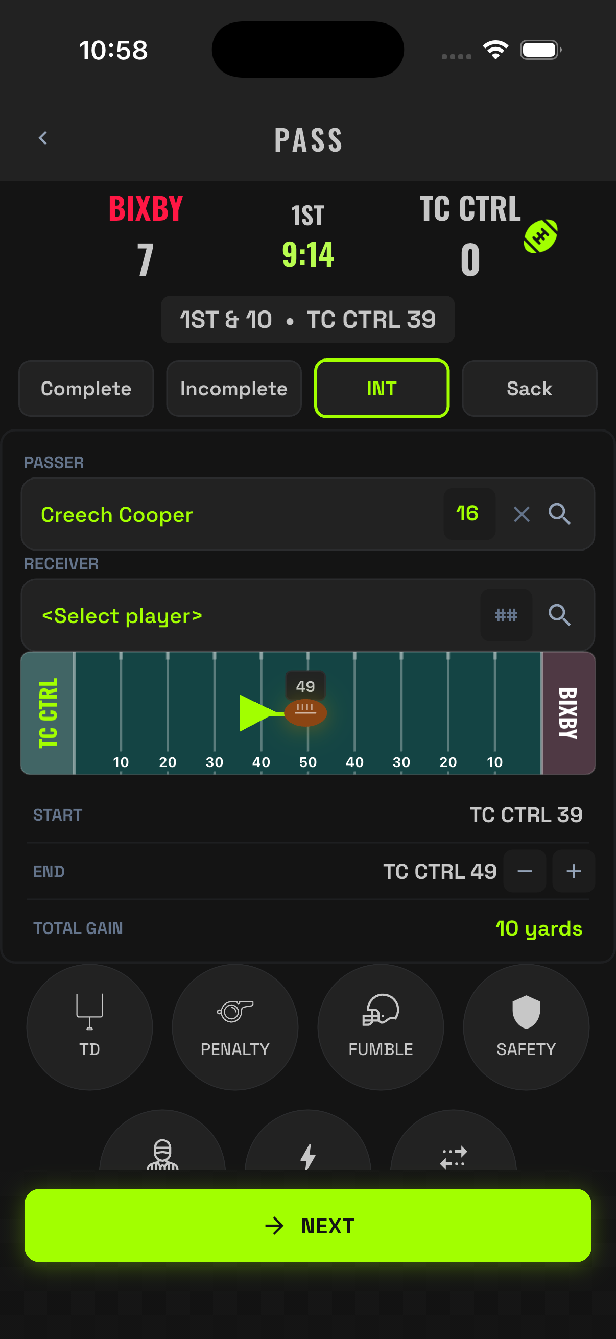 Pass entry with INT selected and the ball dragged to the interception spot