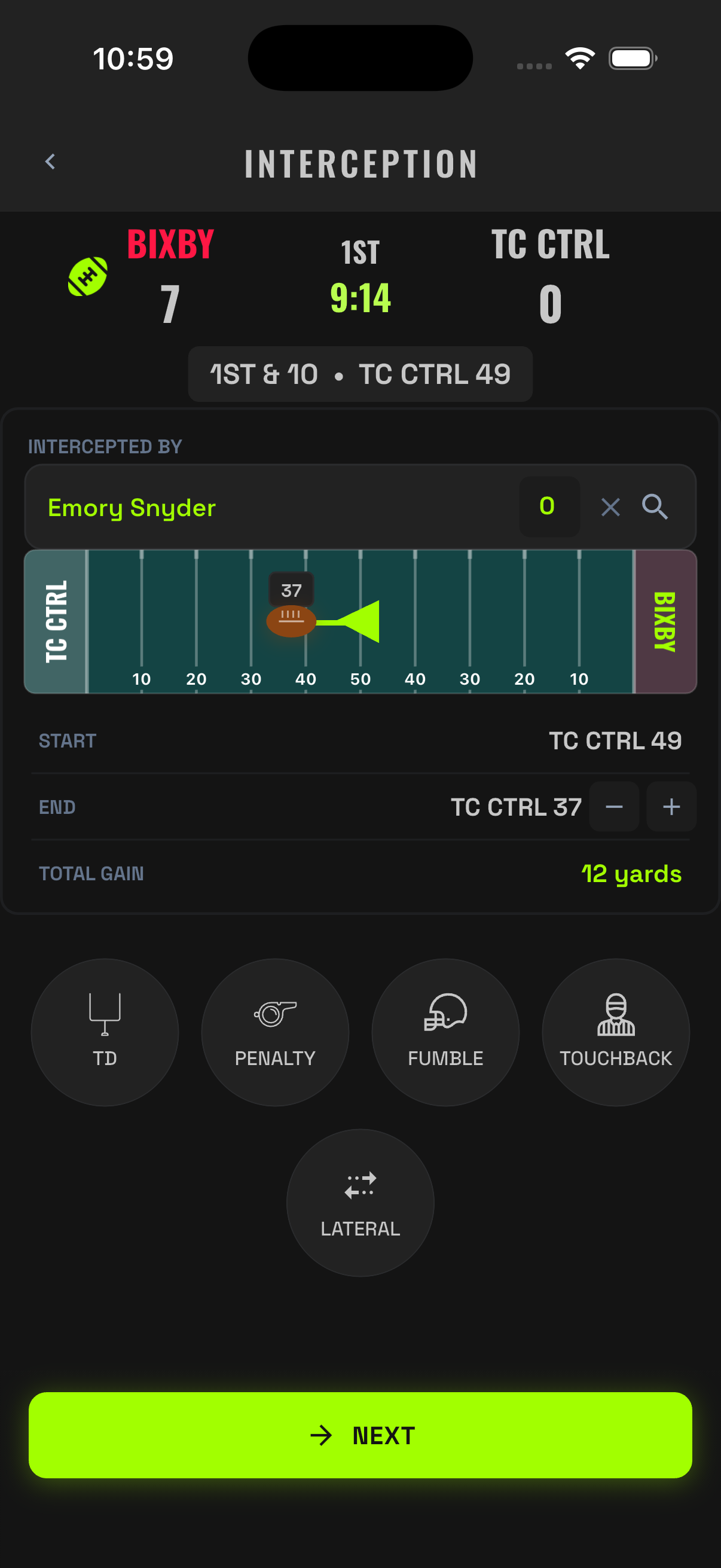 Interception screen with the defender picked and the return end spot