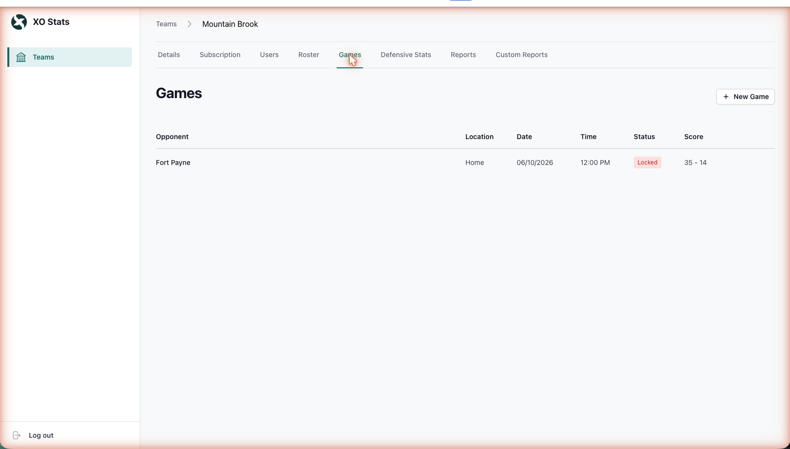 Admin dashboard Games tab