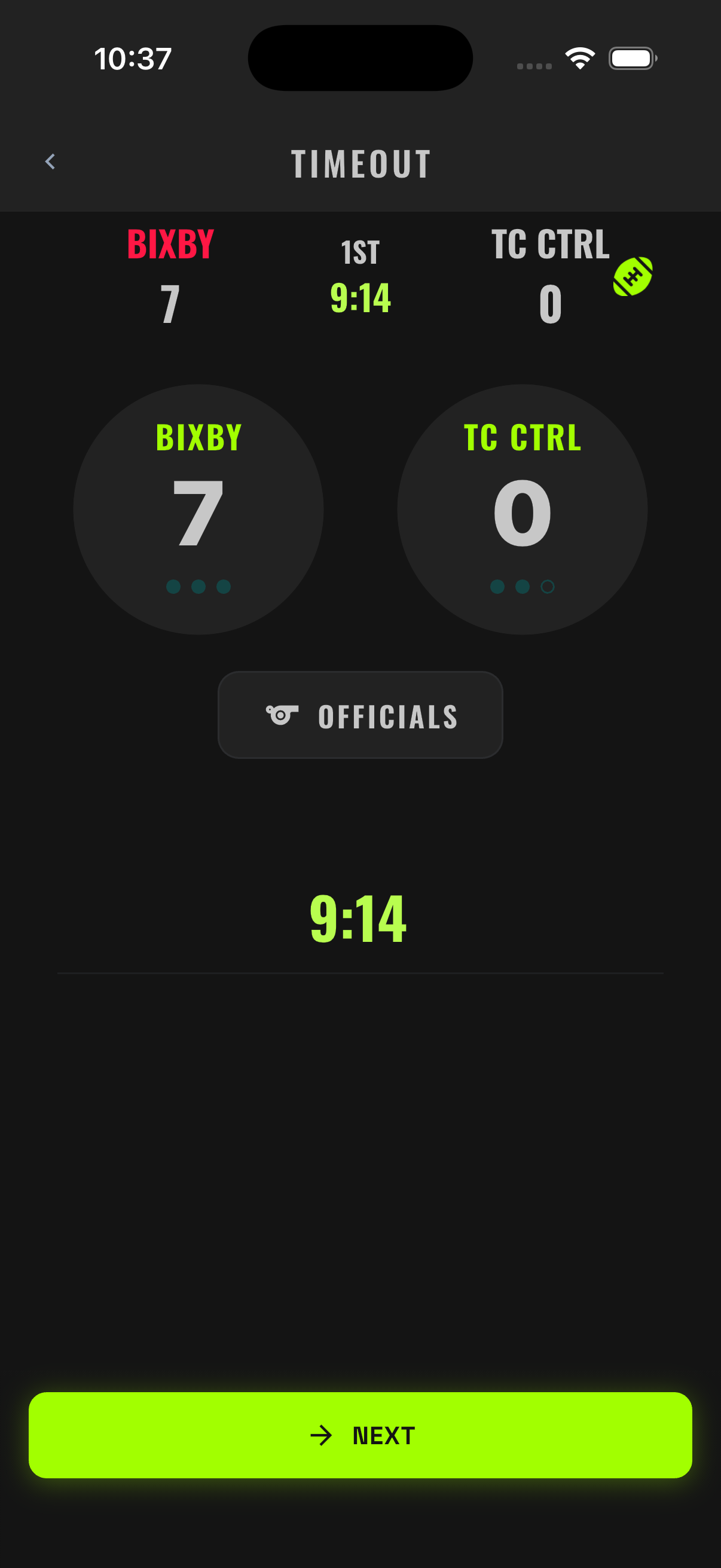 Timeout screen with team score circles, remaining-timeout dots, Officials option, and the game clock