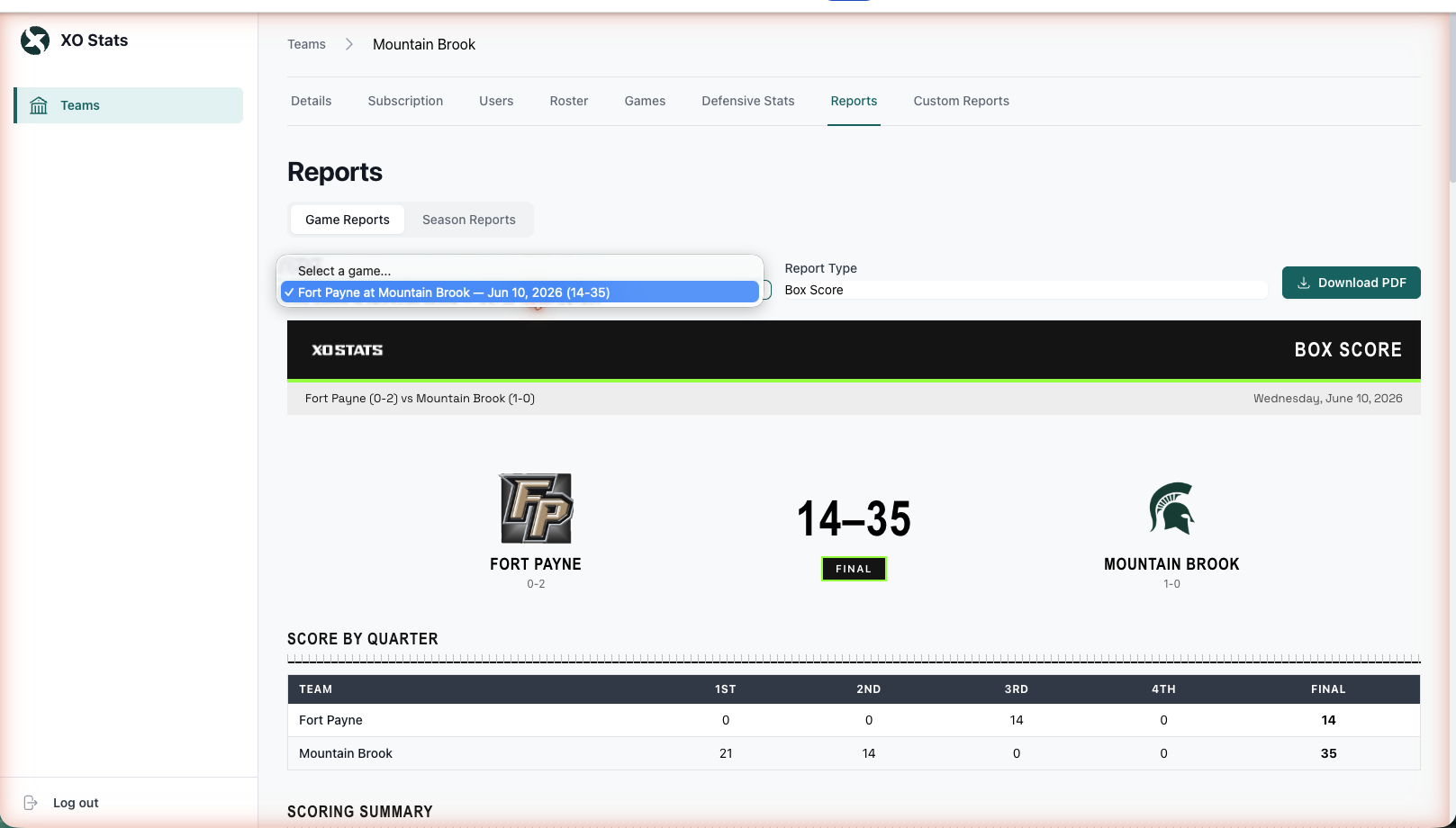 Box Score report in the Admin Reports tab