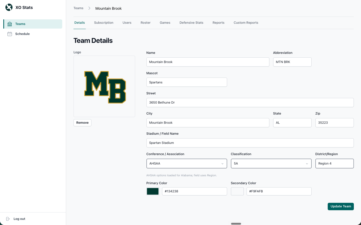 Admin dashboard Details tab with team name, mascot, address, classification, colors, and logo