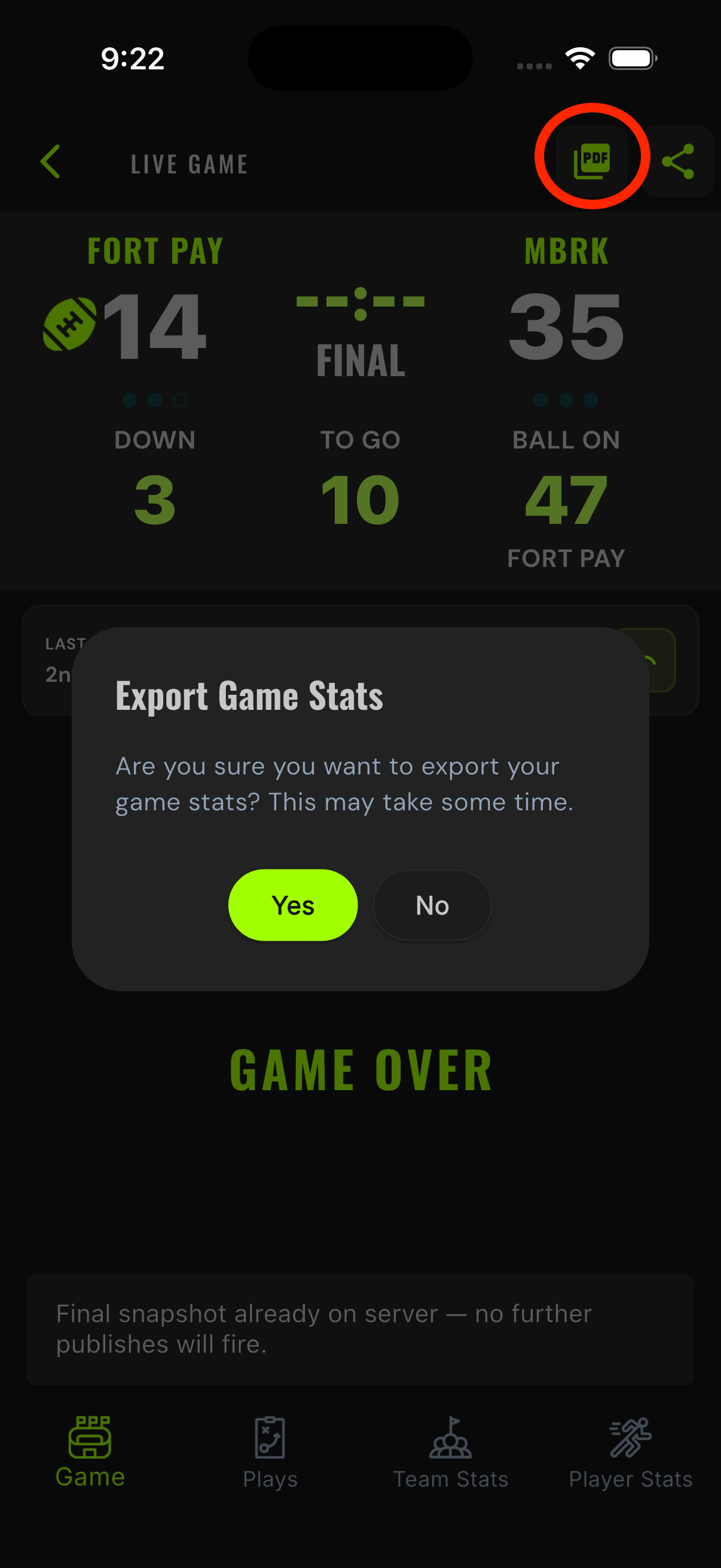 Live game screen with the PDF export button circled and the Export Game Stats confirmation