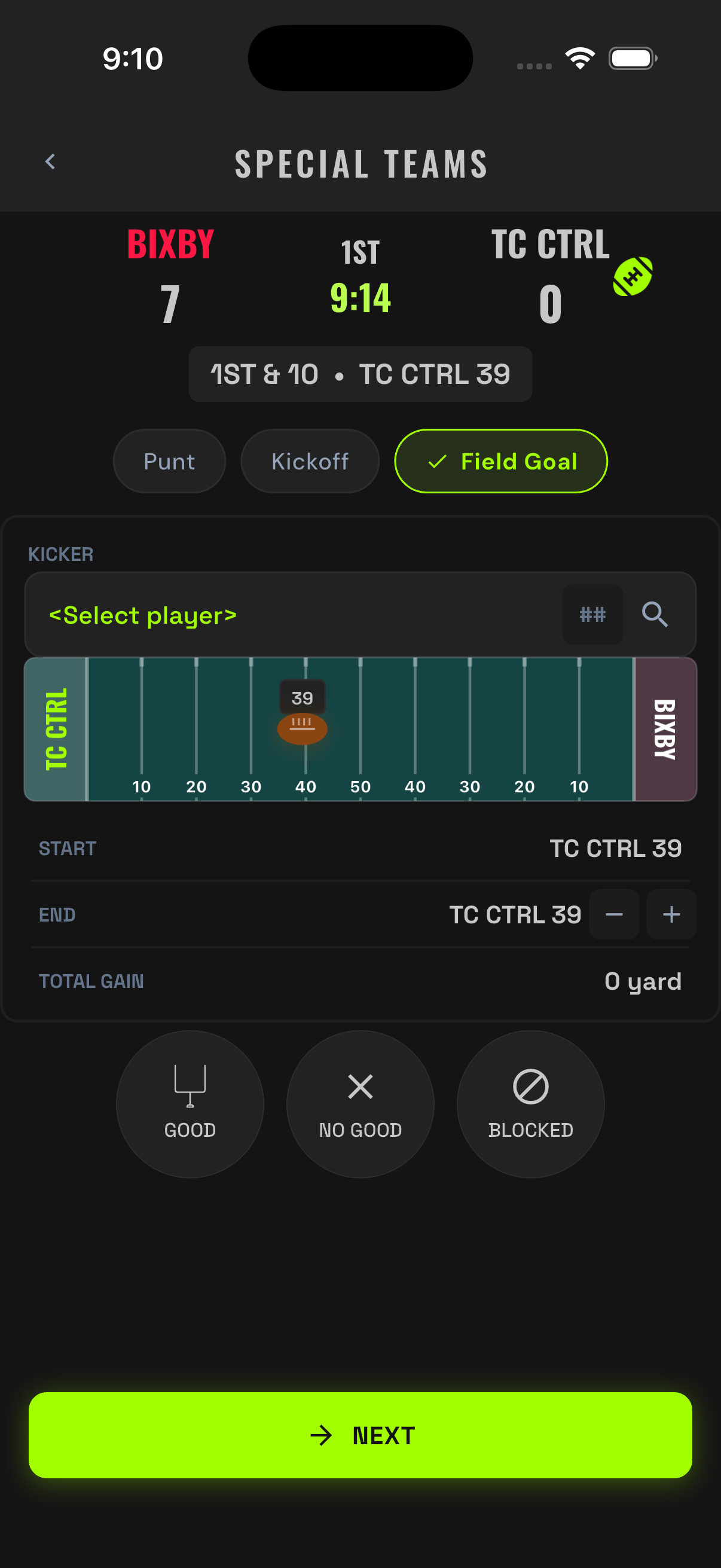 Special Teams entry with Field Goal selected and Good / No Good / Blocked