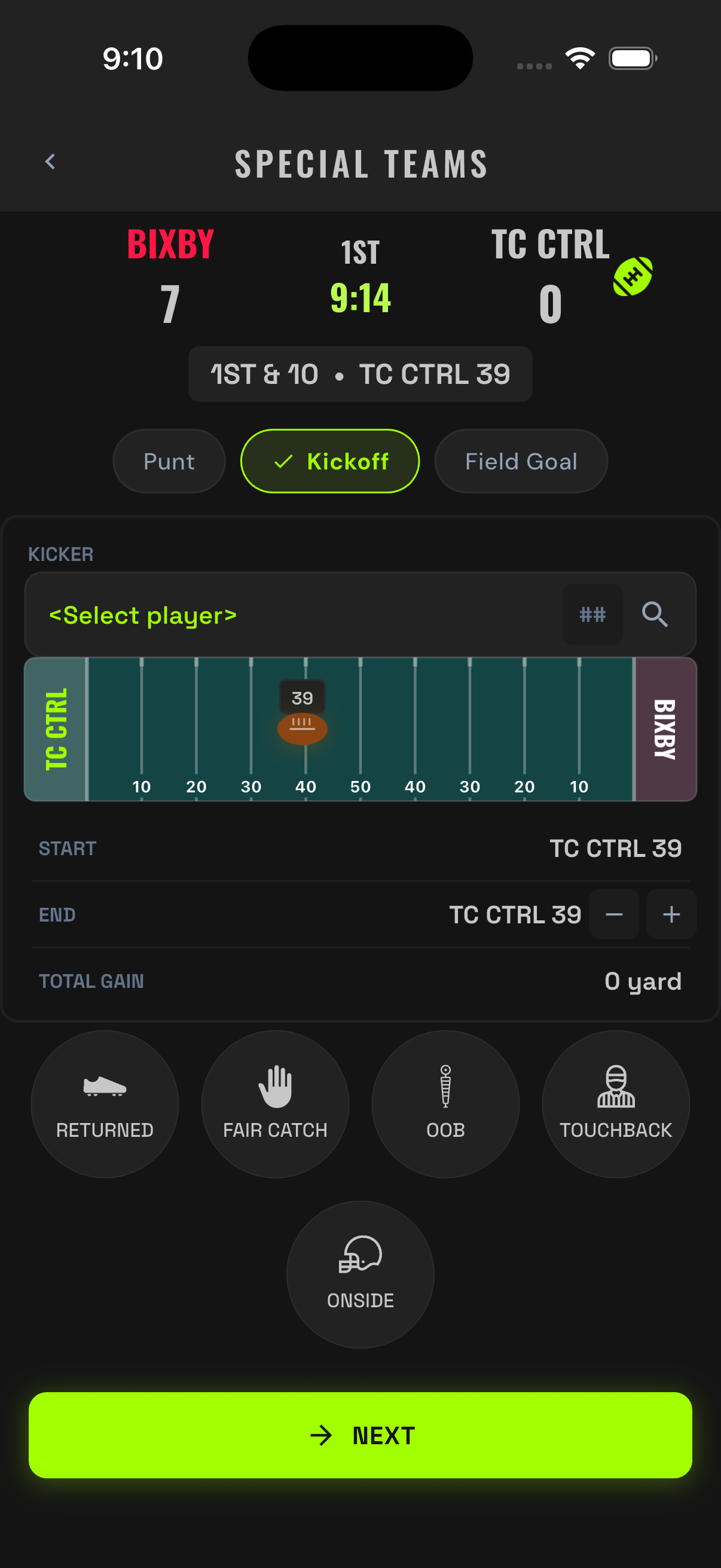 Special Teams entry with Kickoff selected and its outcome bubbles