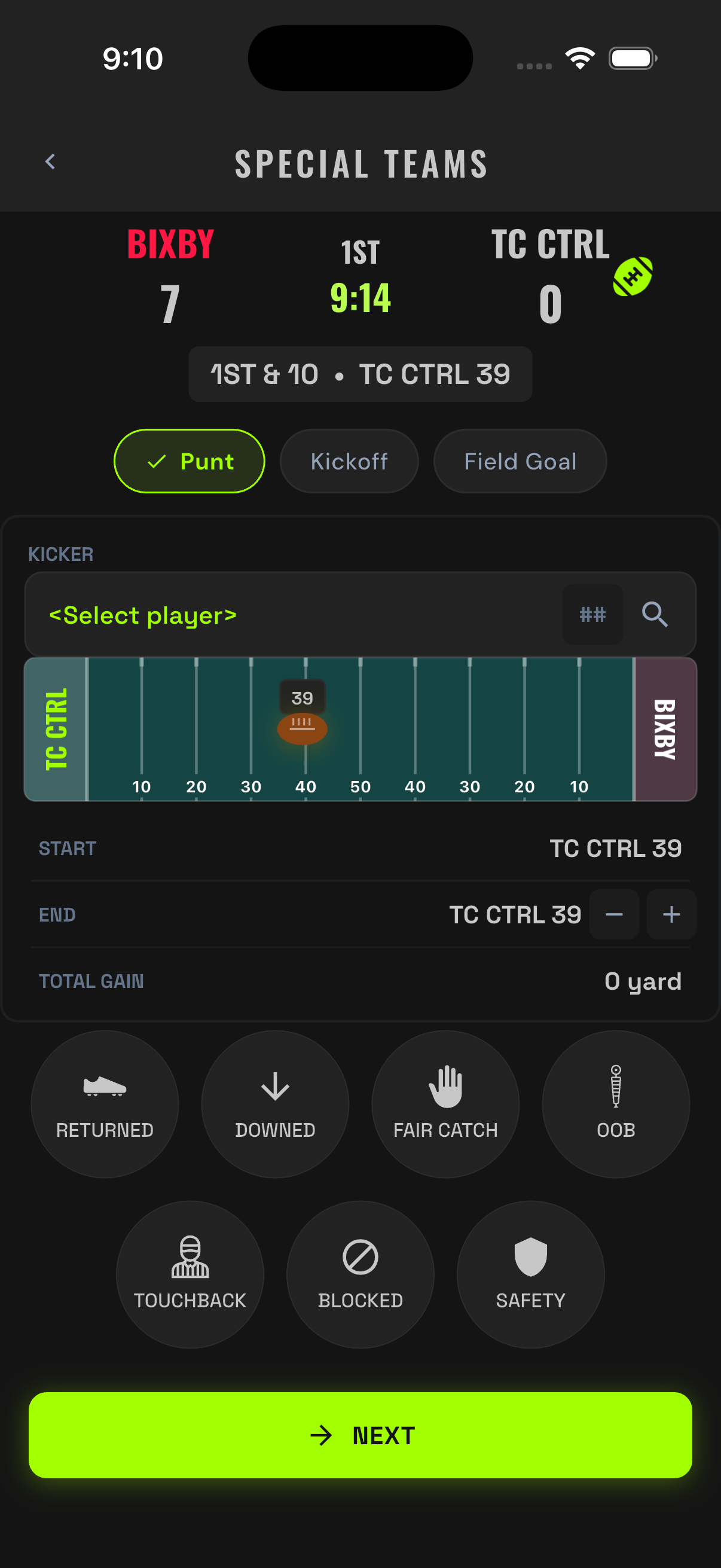 Special Teams entry with Punt selected and its outcome bubbles