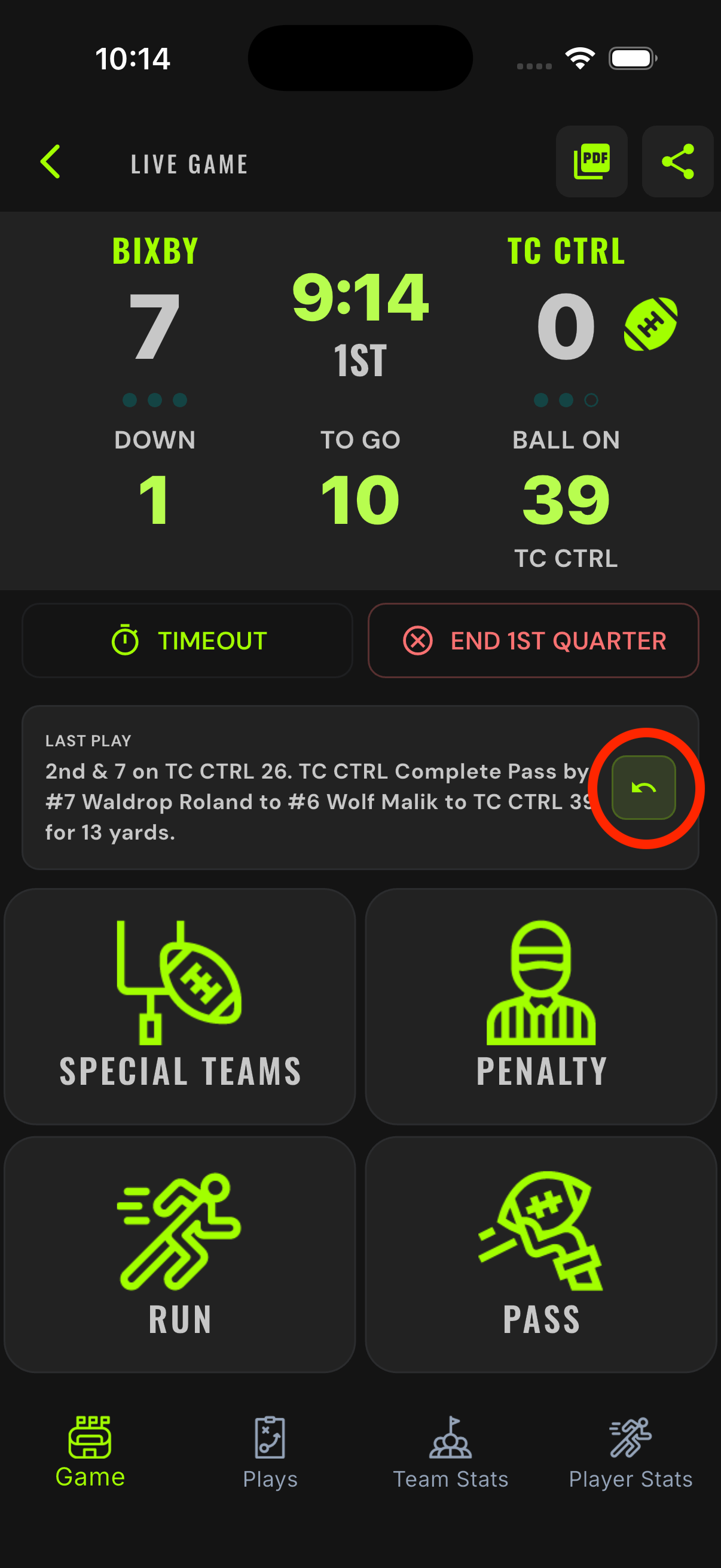 Game board with the undo arrow on the Last Play card circled